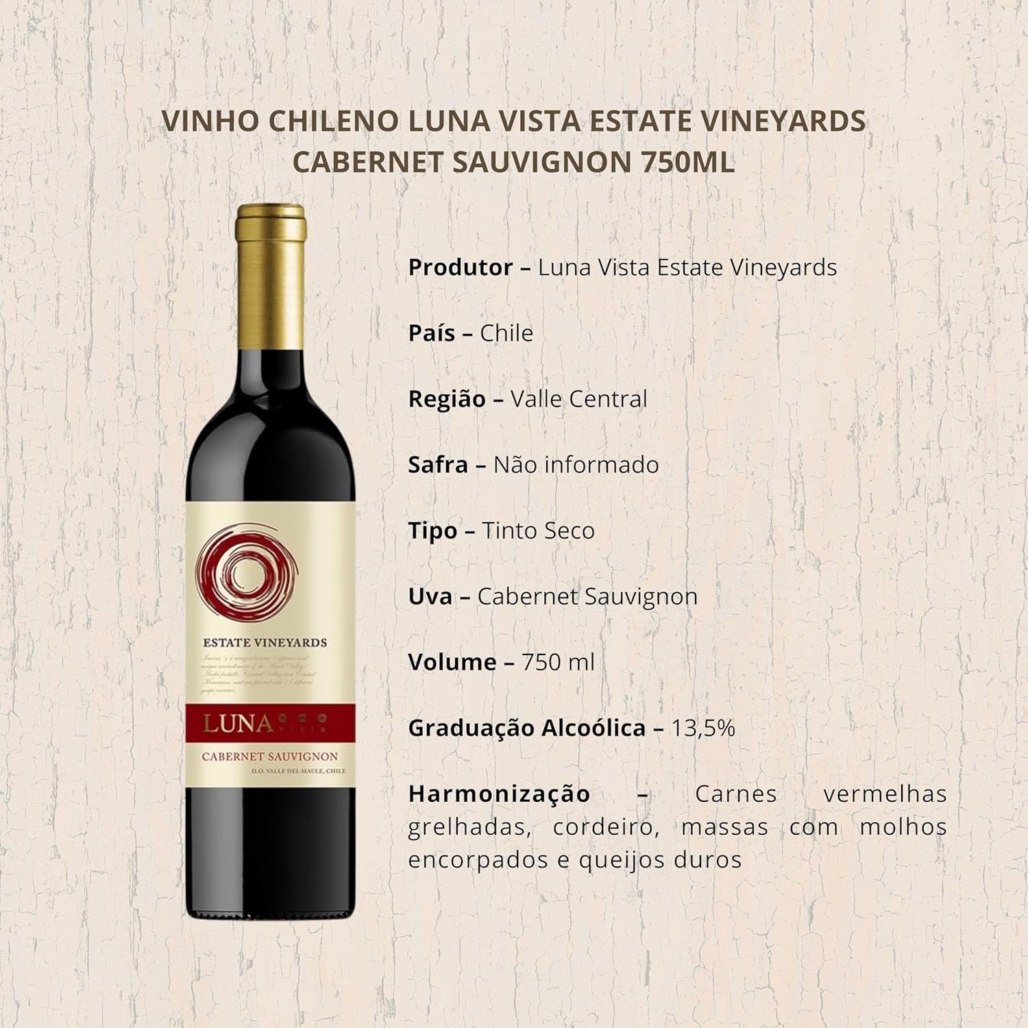 Vinho Chileno Luna Vista Estate Vineyards Cabernet Sauvignon 750ml - Imagem 4